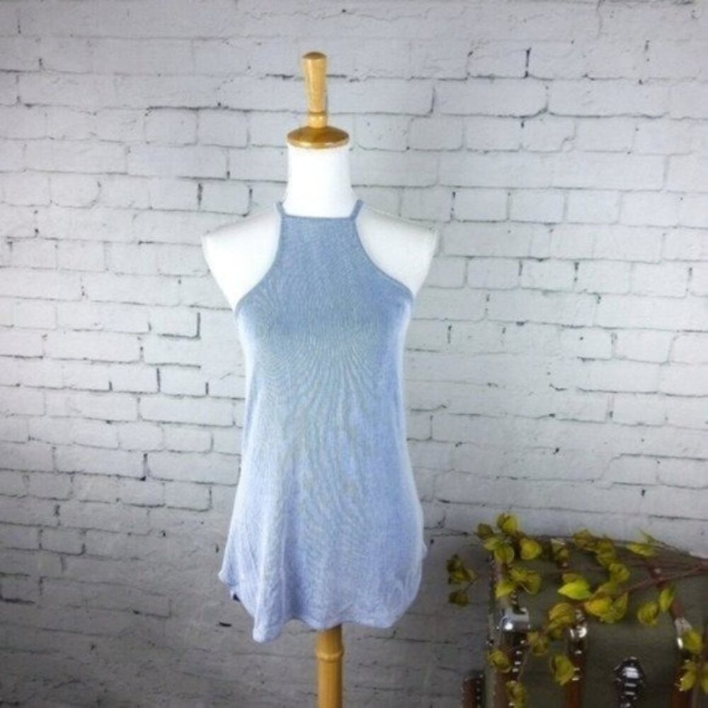 Janette Plus Striped Ribbed Racerback Striped Ribbed Cutaway Tank Top Blue